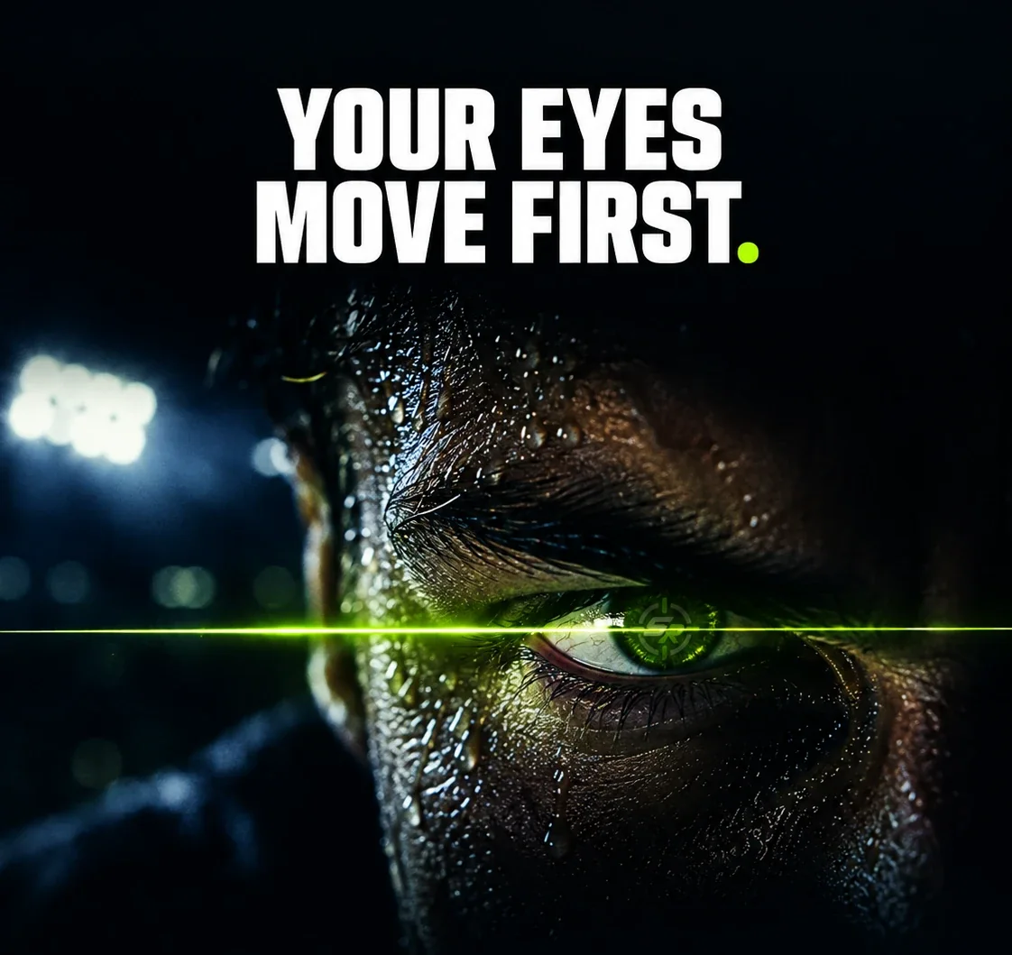 Close-up of an athlete's eye under stadium lights, a lime line across it and the Sightrep target in the iris, under the words: Your eyes move first.