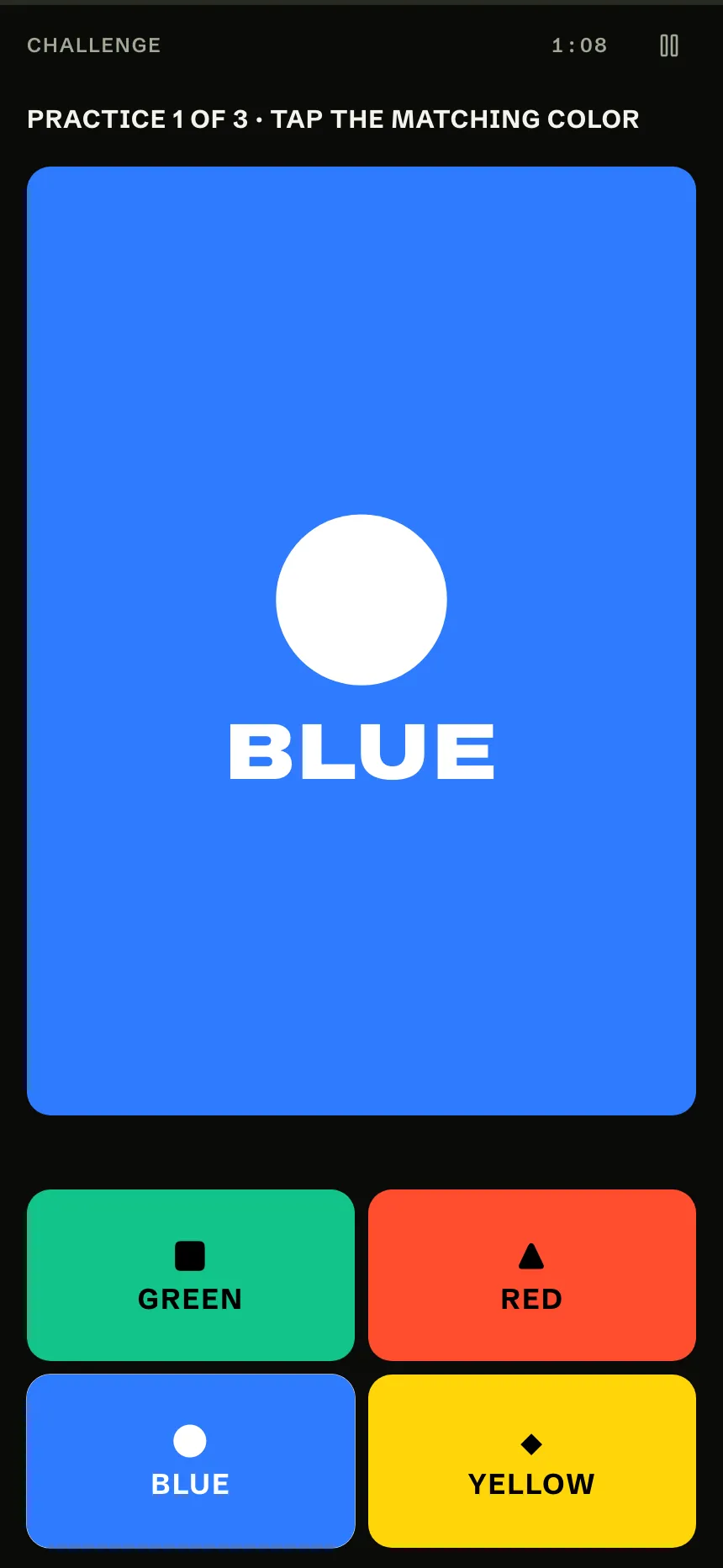 Color Call drill: a big blue cue and four color buttons to tap.