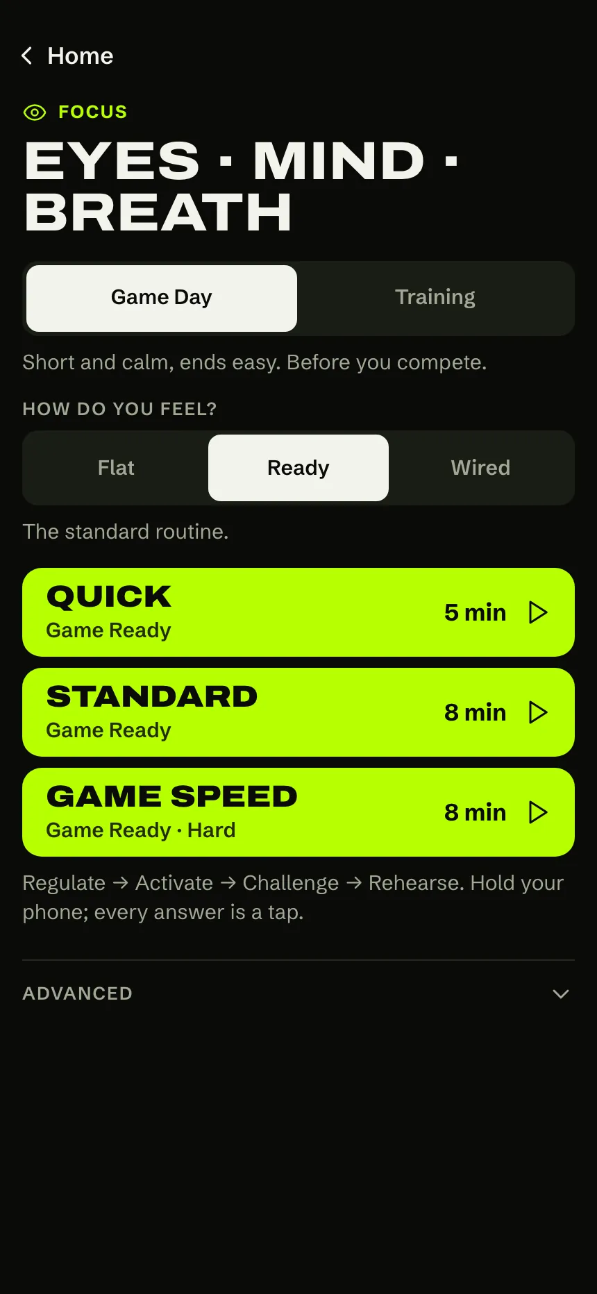 Sightrep FOCUS screen with Game Day presets: Quick, Standard and Game Speed.